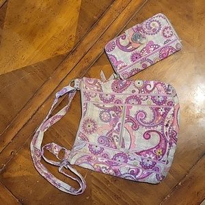 Vera Bradley Crossbody and Wallet Set. Gray and Pink Pasley Print